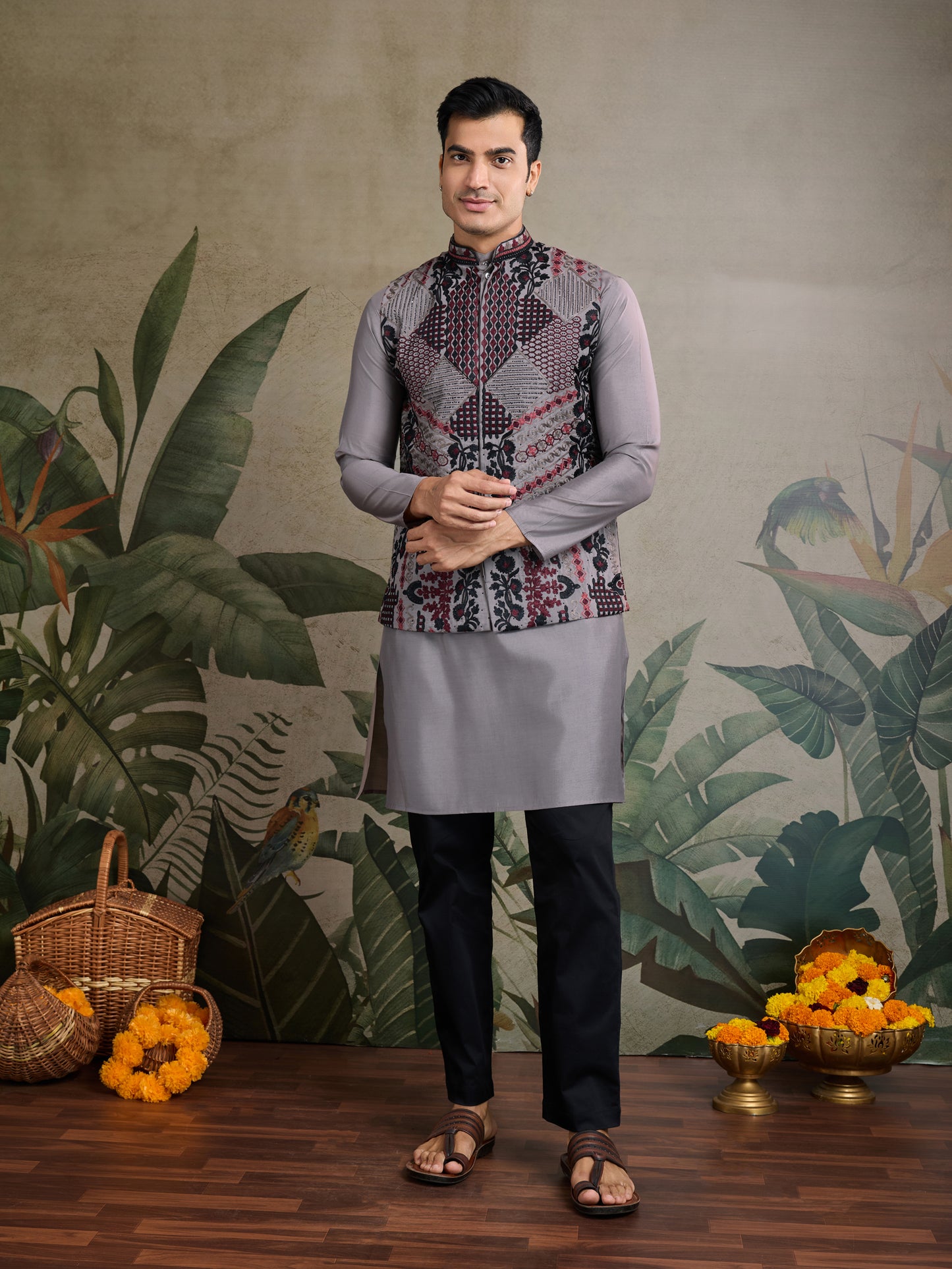Elegant Grey Embroidered Nehru Jacket with Kurta