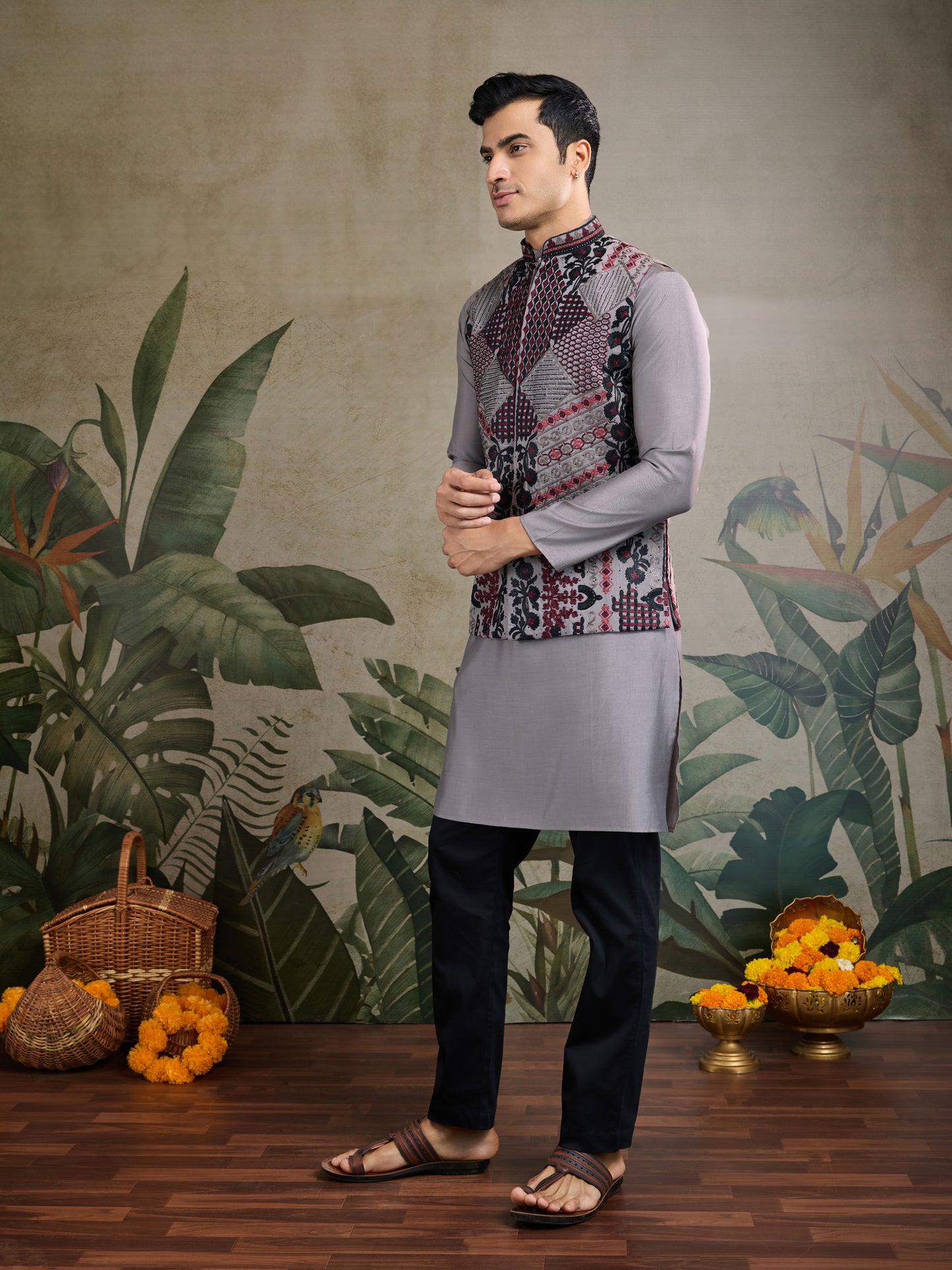 Elegant Grey Embroidered Nehru Jacket with Kurta