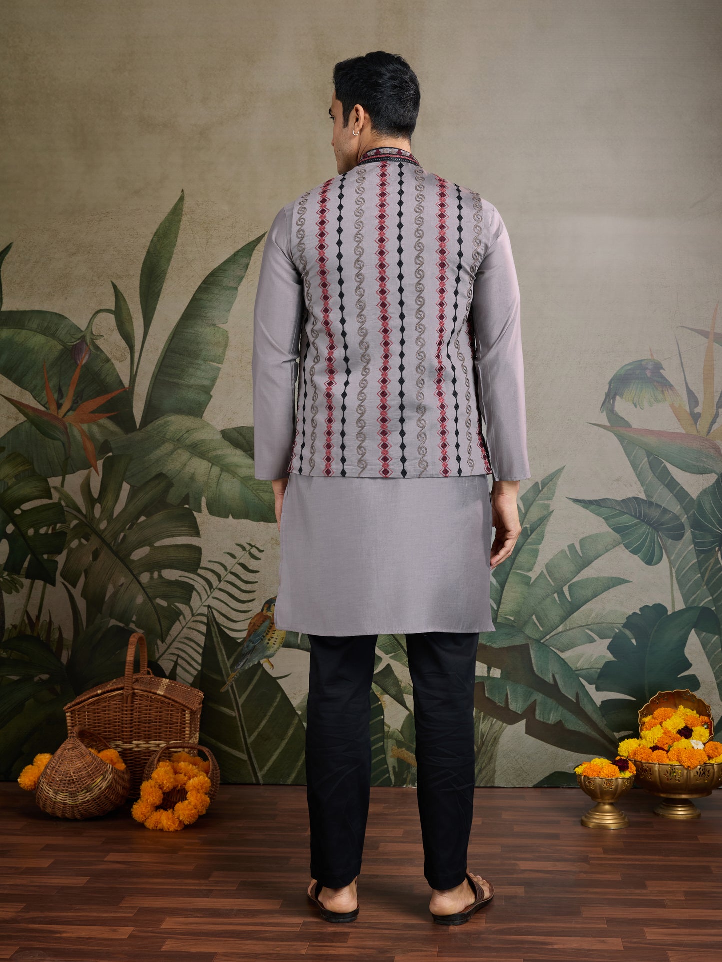 Elegant Grey Embroidered Nehru Jacket with Kurta