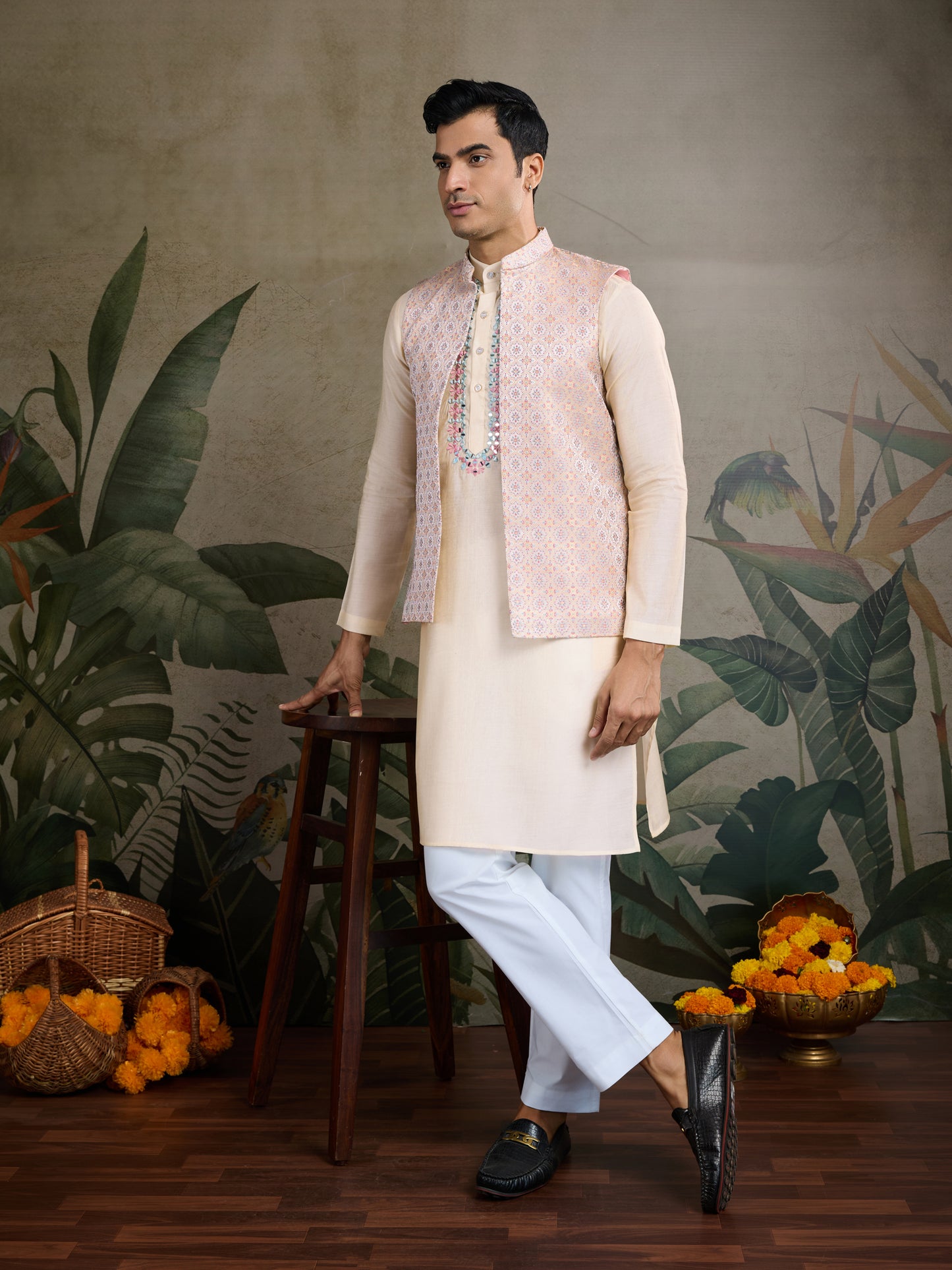 Elegant Cream Kurta with Pastel Pink Nehru Jacket & Mirror Work Detailing
