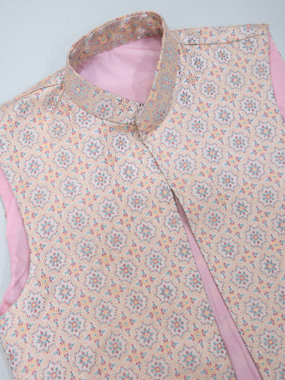 Elegant Cream Kurta with Pastel Pink Nehru Jacket & Mirror Work Detailing