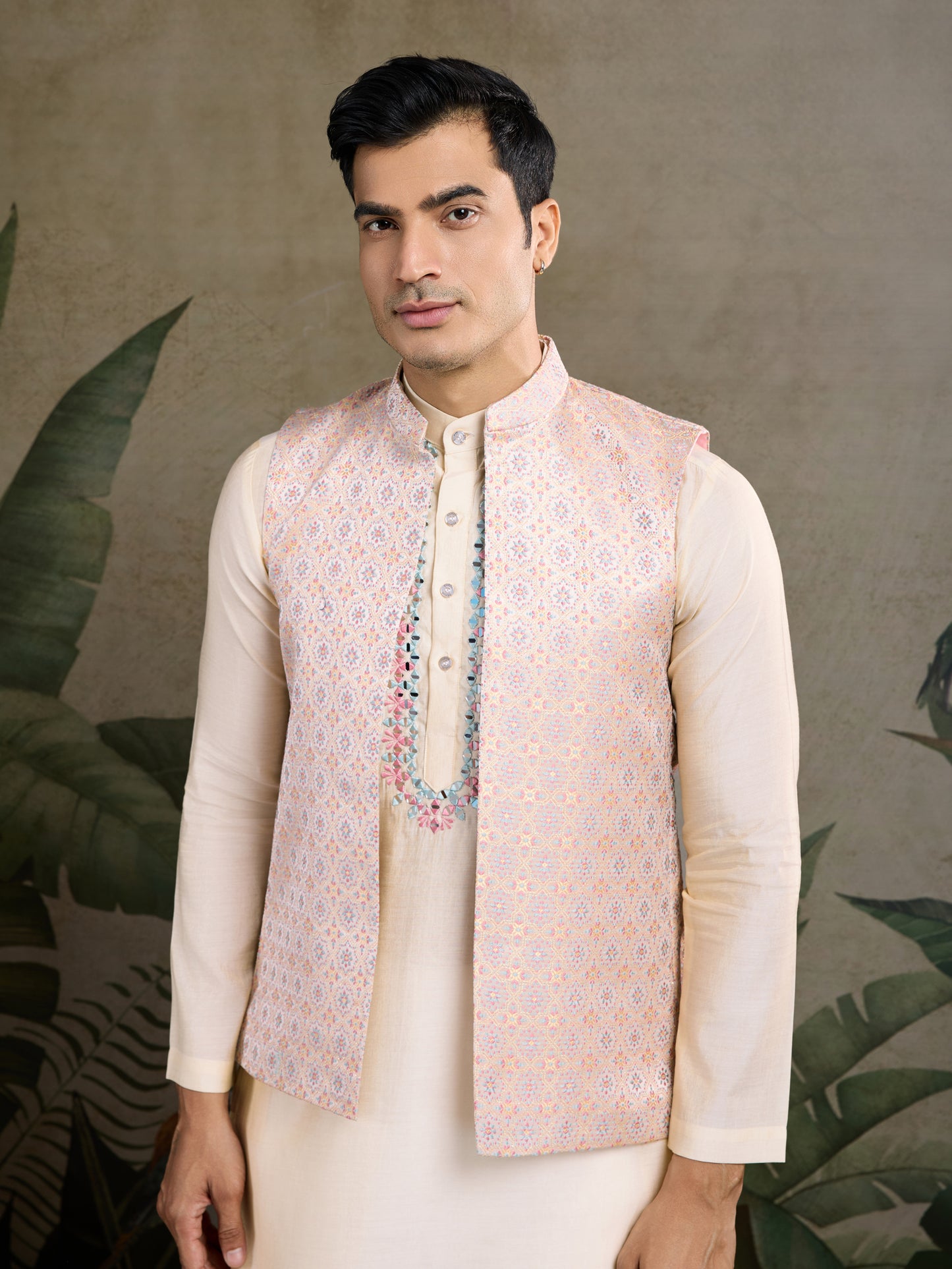 Elegant Cream Kurta with Pastel Pink Nehru Jacket & Mirror Work Detailing