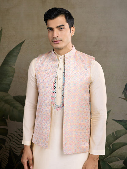 Elegant Cream Kurta with Pastel Pink Nehru Jacket & Mirror Work Detailing