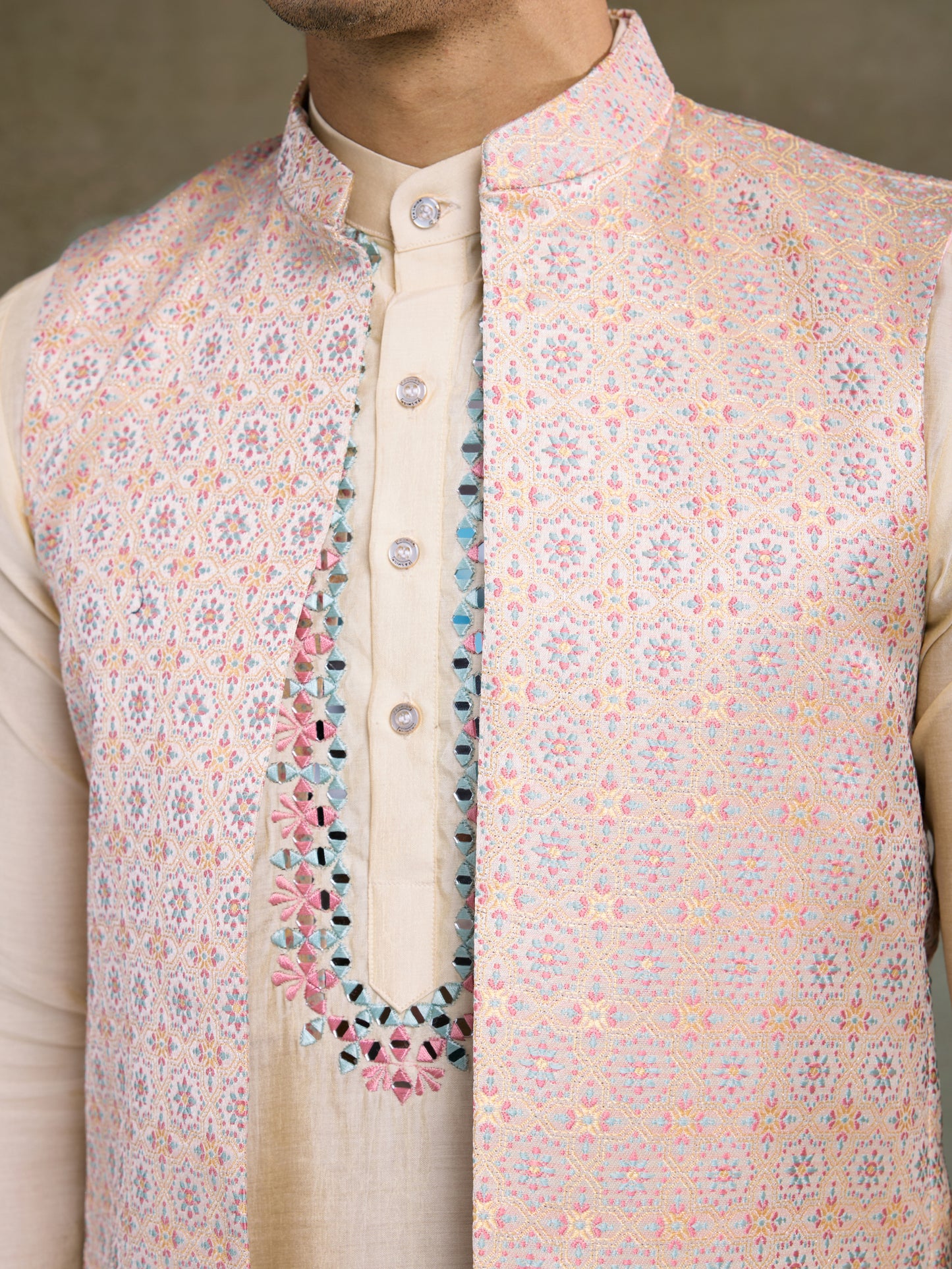Elegant Cream Kurta with Pastel Pink Nehru Jacket & Mirror Work Detailing