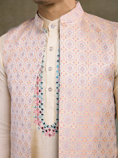 Elegant Cream Kurta with Pastel Pink Nehru Jacket & Mirror Work Detailing