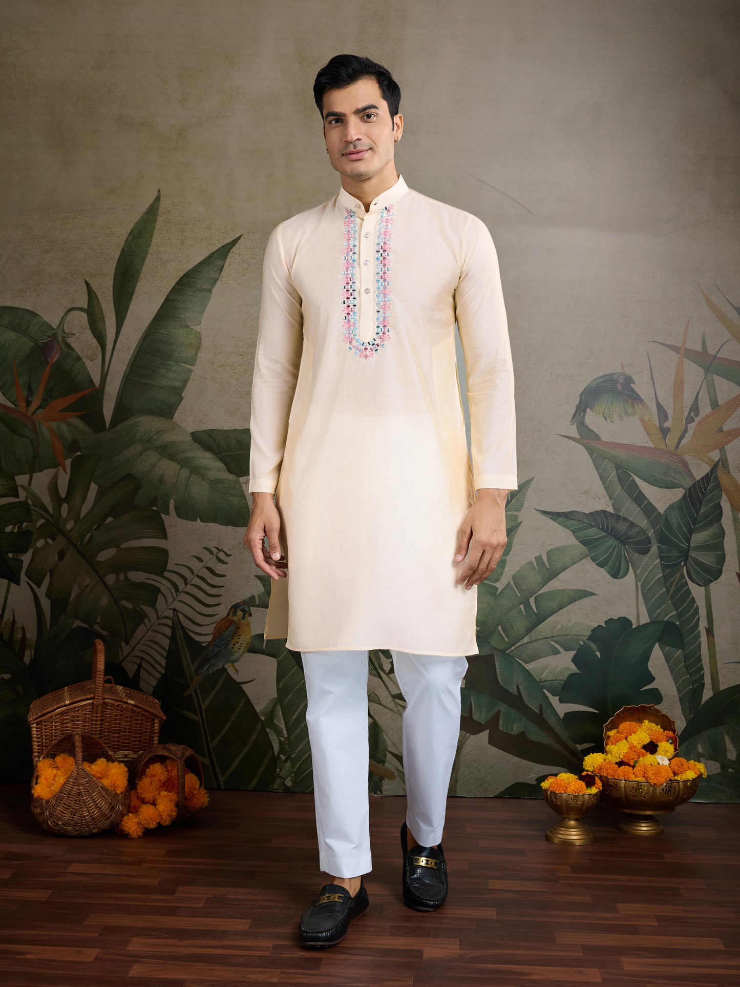 Elegant Cream Kurta with Pastel Pink Nehru Jacket & Mirror Work Detailing