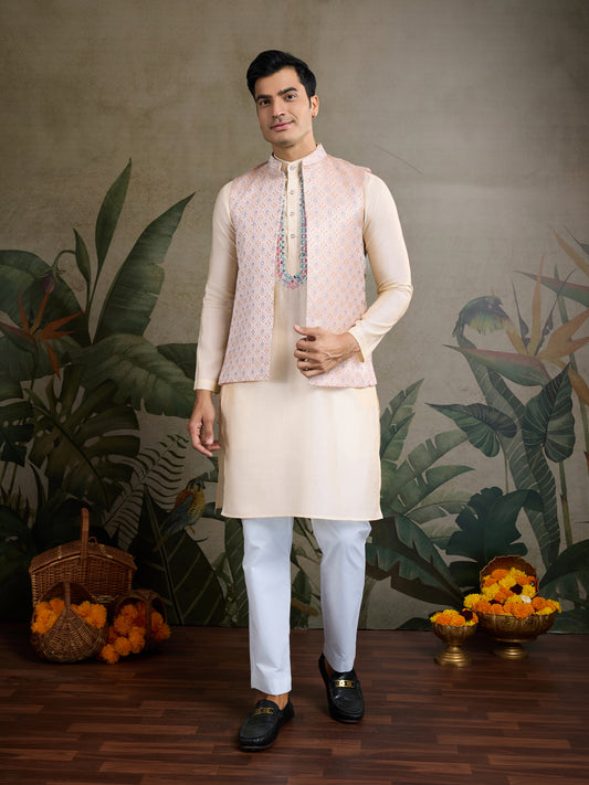 Elegant Cream Kurta with Pastel Pink Nehru Jacket & Mirror Work Detailing