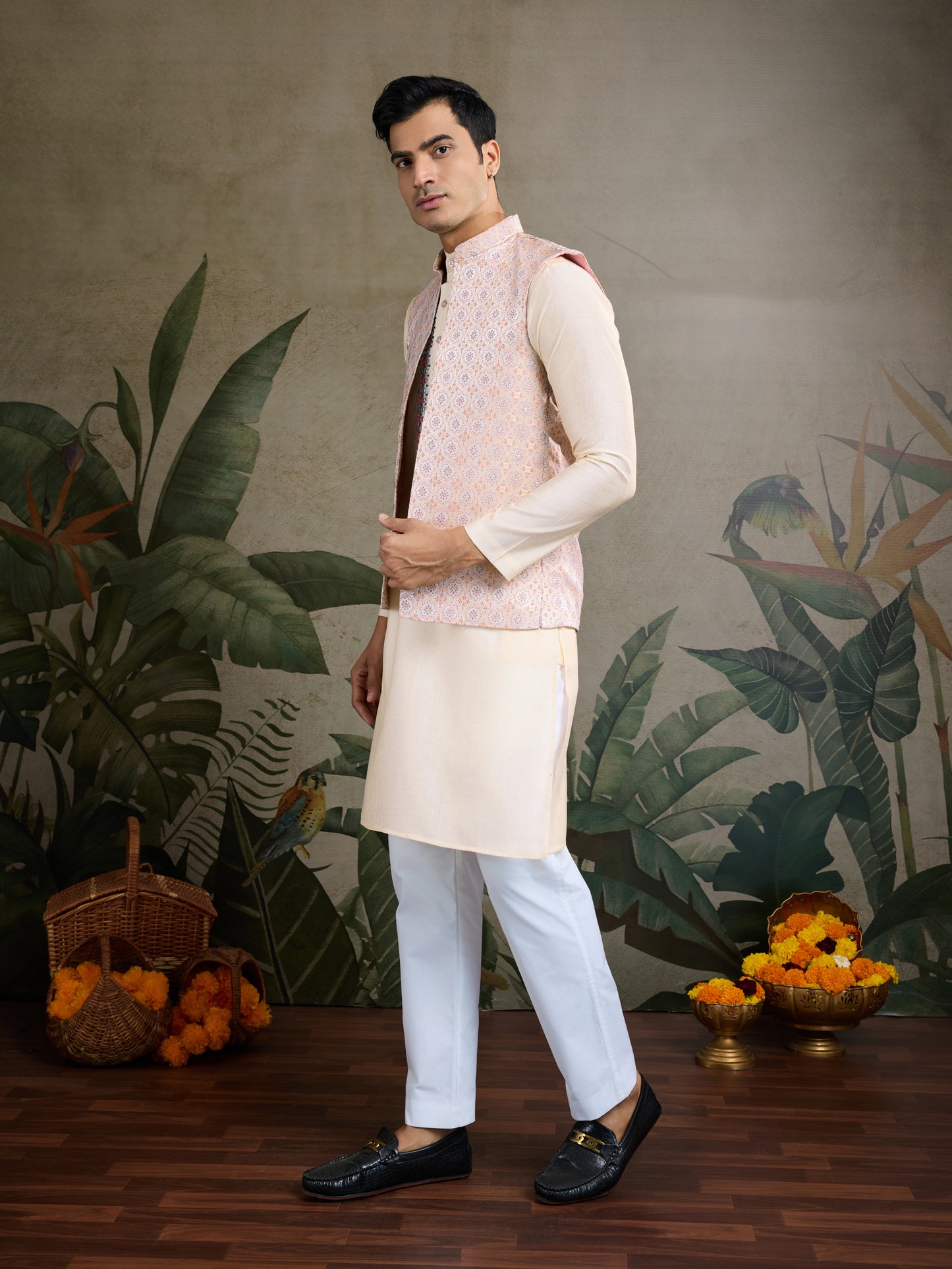 Elegant Cream Kurta with Pastel Pink Nehru Jacket & Mirror Work Detailing