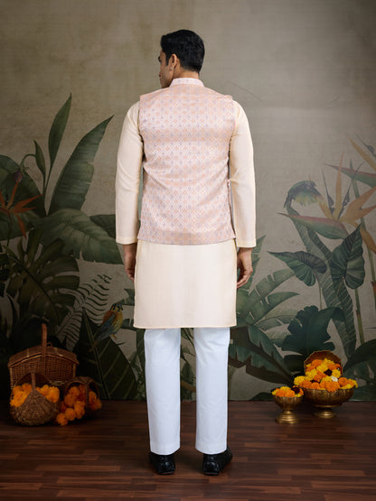 Elegant Cream Kurta with Pastel Pink Nehru Jacket & Mirror Work Detailing