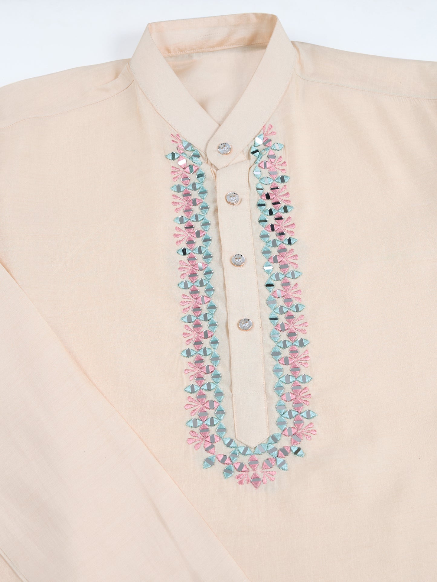Elegant Cream Kurta with Pastel Pink Nehru Jacket & Mirror Work Detailing