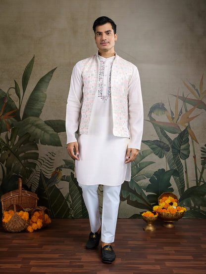 Elegant White Kurta with Mirror & Thread Embroidery and Printed Nehru Jacket