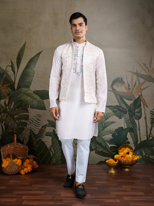 Elegant White Kurta with Mirror & Thread Embroidery and Printed Nehru Jacket