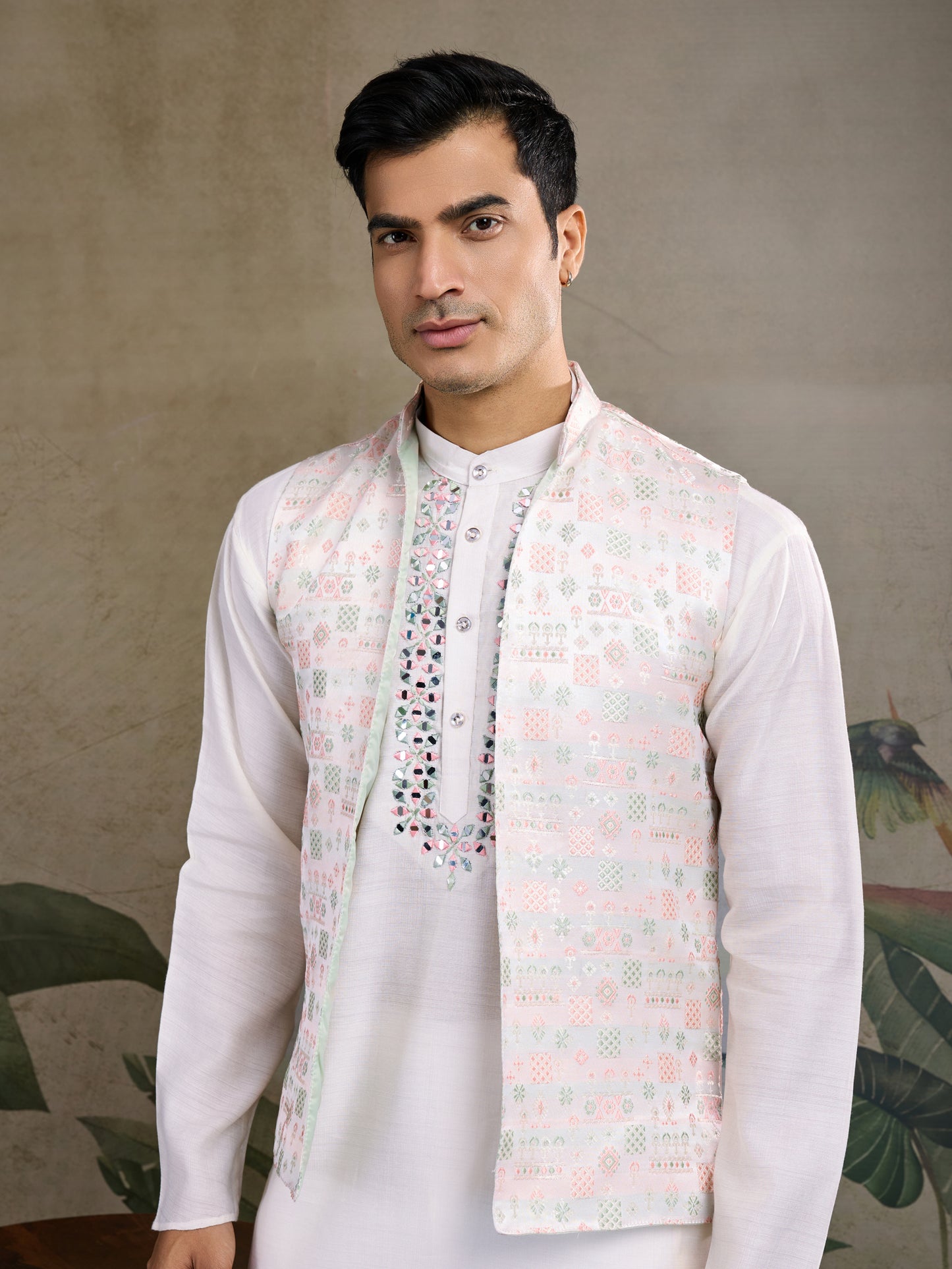 Elegant White Kurta with Mirror & Thread Embroidery and Printed Nehru Jacket