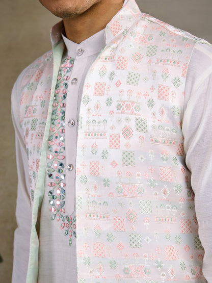Elegant White Kurta with Mirror & Thread Embroidery and Printed Nehru Jacket