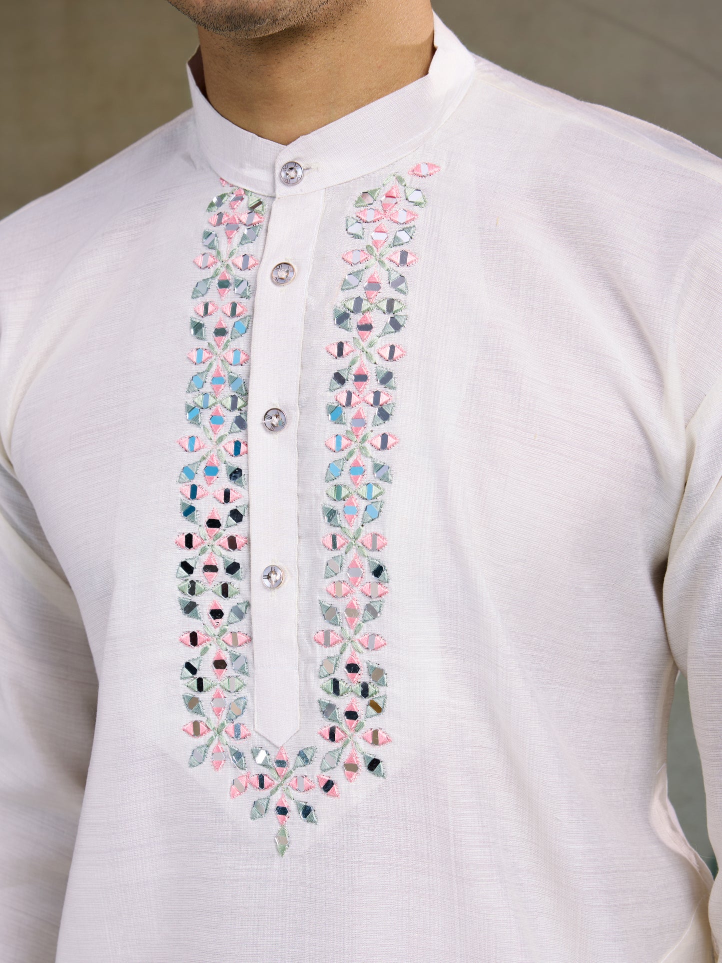Elegant White Kurta with Mirror & Thread Embroidery and Printed Nehru Jacket