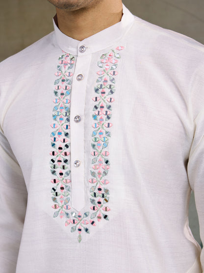 Elegant White Kurta with Mirror & Thread Embroidery and Printed Nehru Jacket