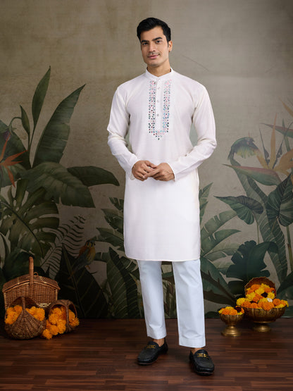 Elegant White Kurta with Mirror & Thread Embroidery and Printed Nehru Jacket