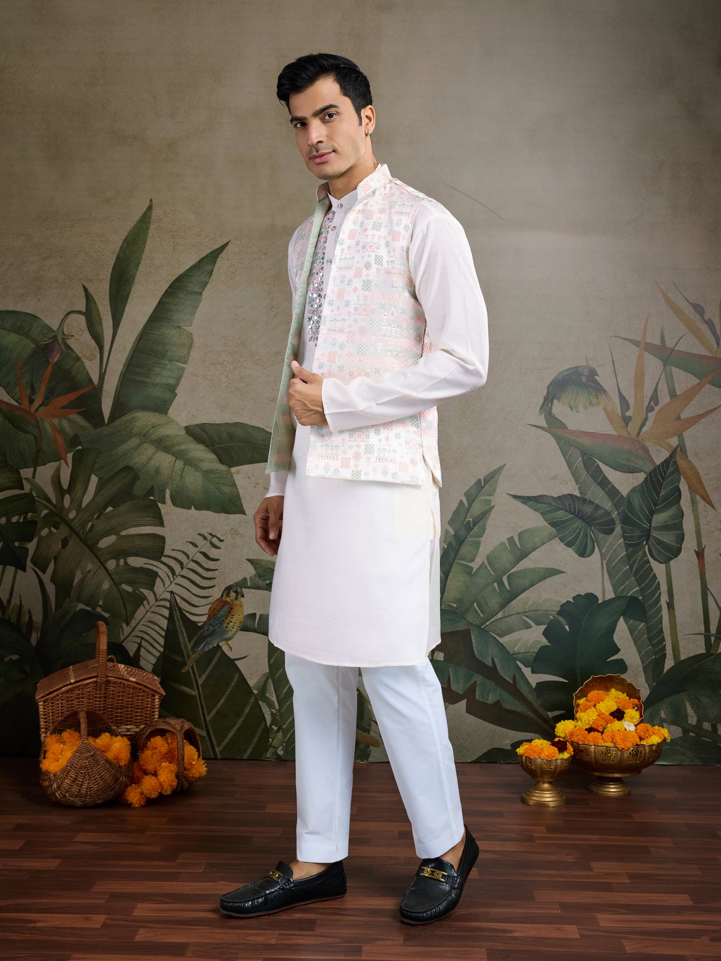 Elegant White Kurta with Mirror & Thread Embroidery and Printed Nehru Jacket