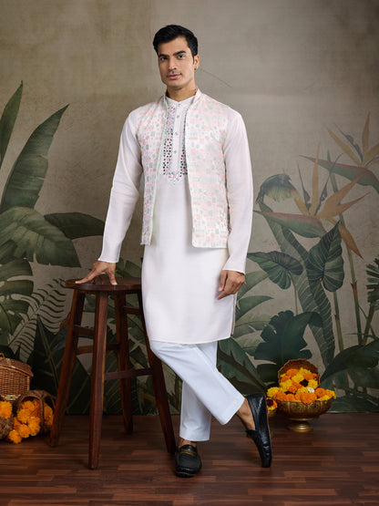 Elegant White Kurta with Mirror & Thread Embroidery and Printed Nehru Jacket