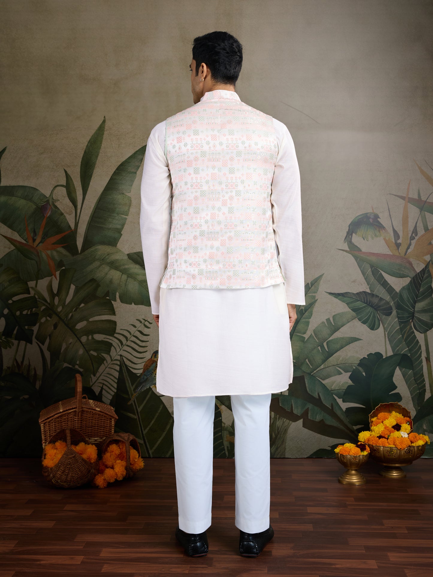 Elegant White Kurta with Mirror & Thread Embroidery and Printed Nehru Jacket