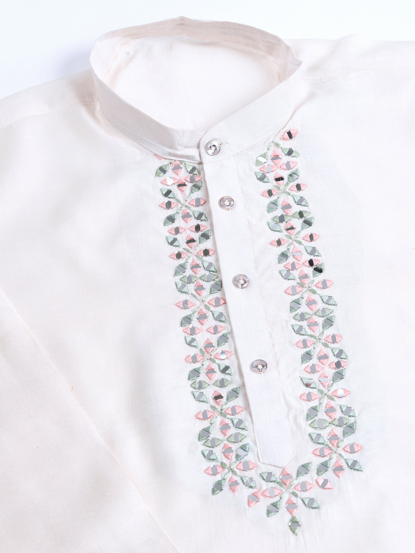 Elegant White Kurta with Mirror & Thread Embroidery and Printed Nehru Jacket