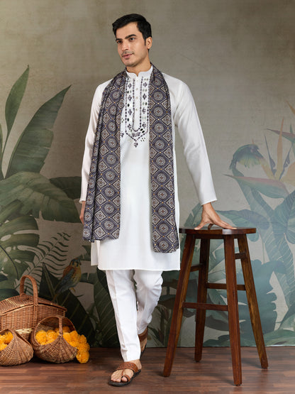 Men’s White Viscose Kurta with Dusty Purple Mirror Work