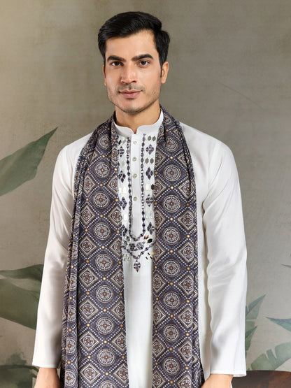 Men’s White Viscose Kurta with Dusty Purple Mirror Work