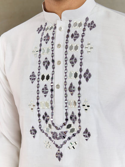 Men’s White Viscose Kurta with Dusty Purple Mirror Work