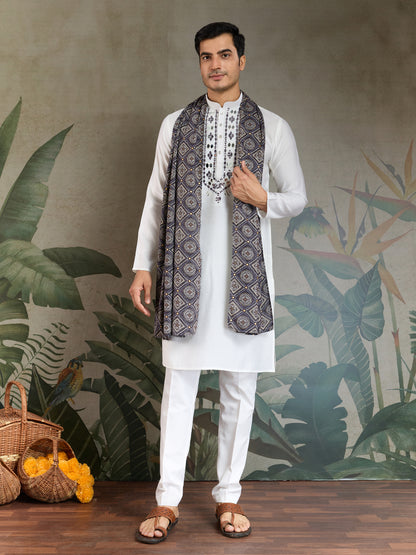 Men’s White Viscose Kurta with Dusty Purple Mirror Work