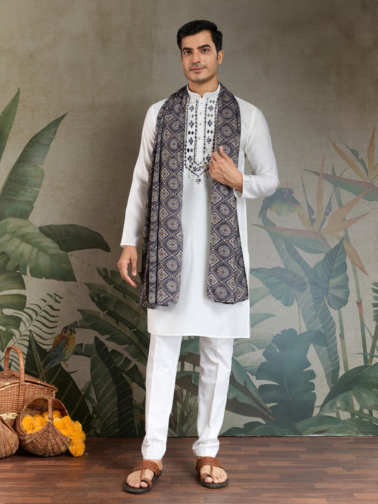 Men’s White Viscose Kurta with Dusty Purple Mirror Work