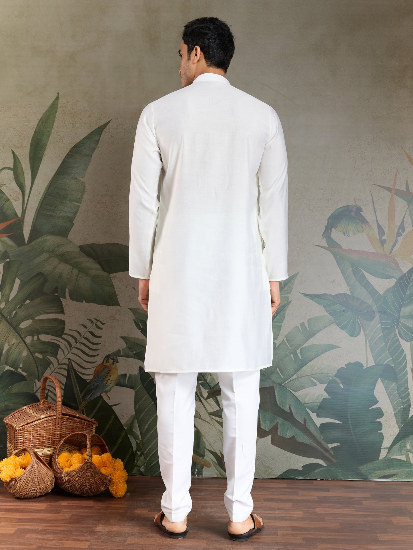 Men’s White Viscose Kurta with Dusty Purple Mirror Work