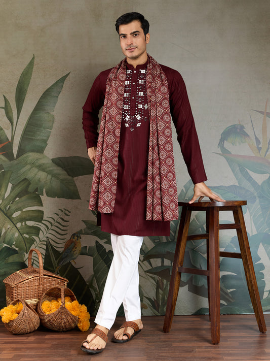 Maroon Viscose Kurta with Mirror Work | Festive & Ethnic Wear for Men