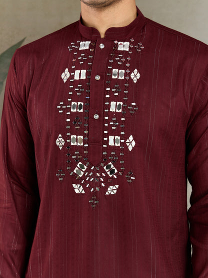 Maroon Viscose Kurta with Mirror Work | Festive & Ethnic Wear for Men