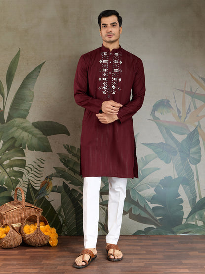 Maroon Viscose Kurta with Mirror Work | Festive & Ethnic Wear for Men