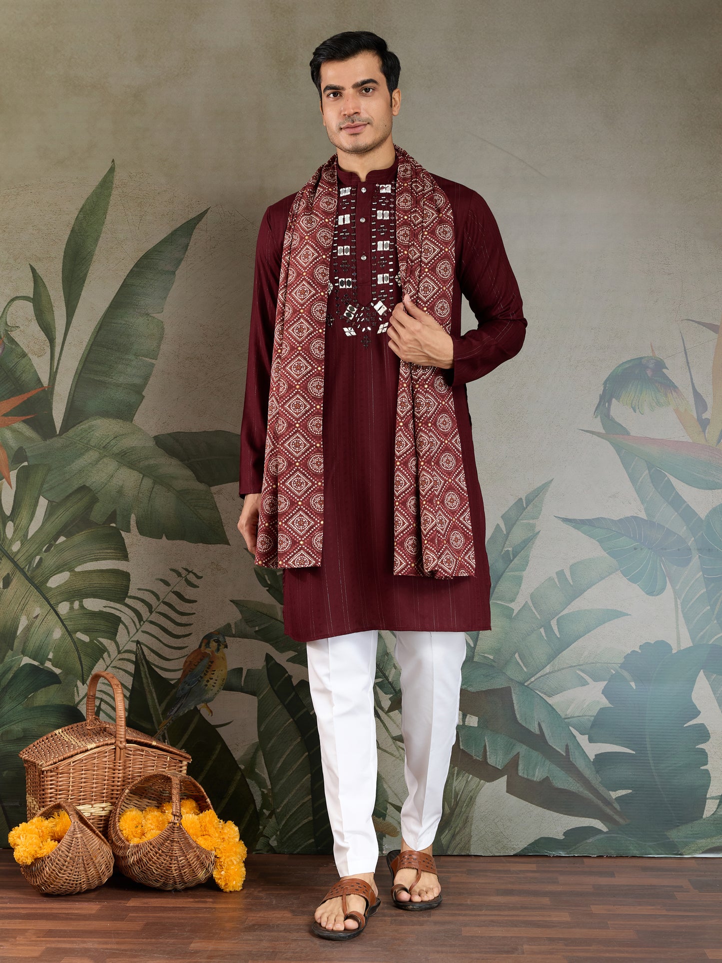 Maroon Viscose Kurta with Mirror Work | Festive & Ethnic Wear for Men