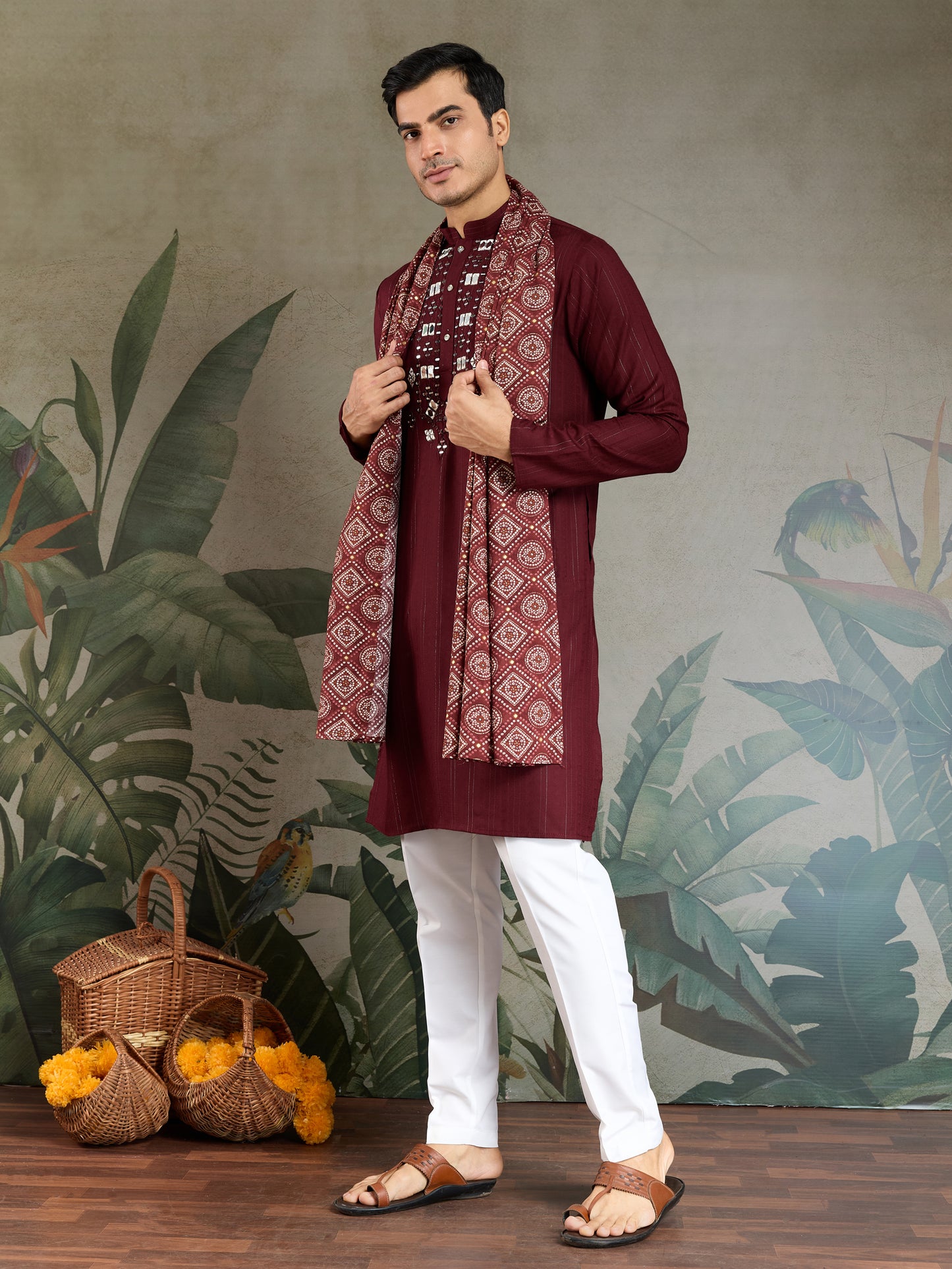 Maroon Viscose Kurta with Mirror Work | Festive & Ethnic Wear for Men