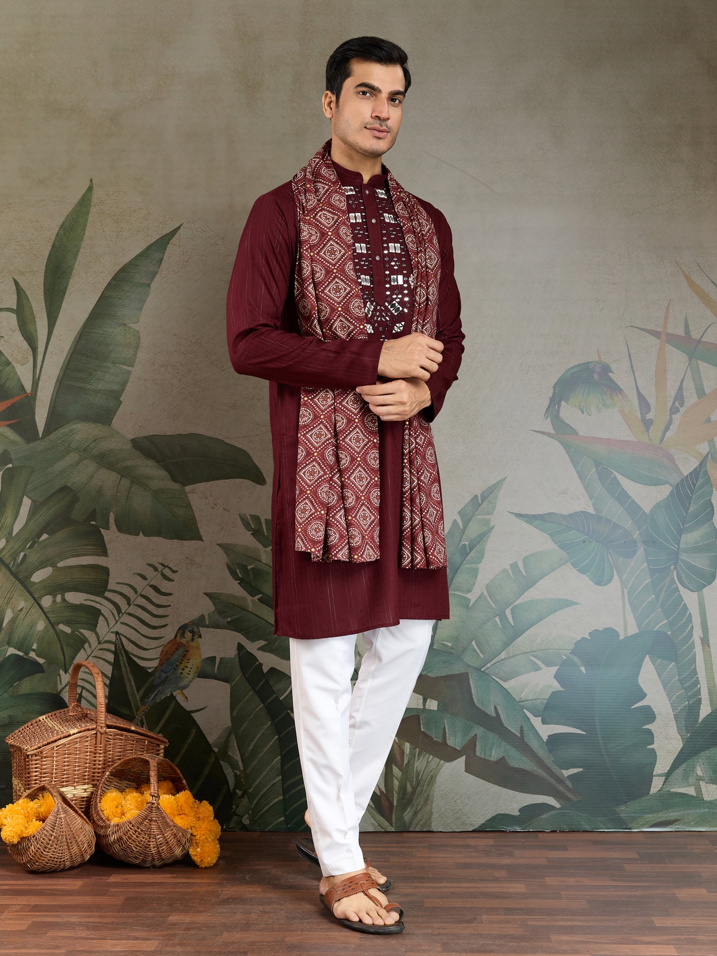 Maroon Viscose Kurta with Mirror Work | Festive & Ethnic Wear for Men