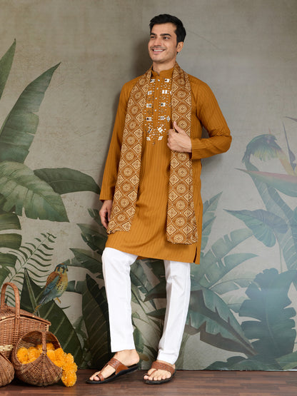 Mustard Viscose Kurta with Mirror Work | Men’s Festive & Ethnic Wear