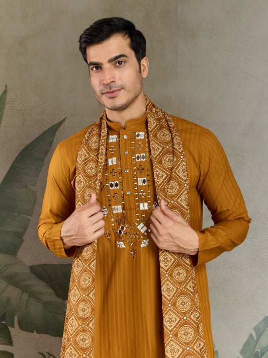 Mustard Viscose Kurta with Mirror Work | Men’s Festive & Ethnic Wear