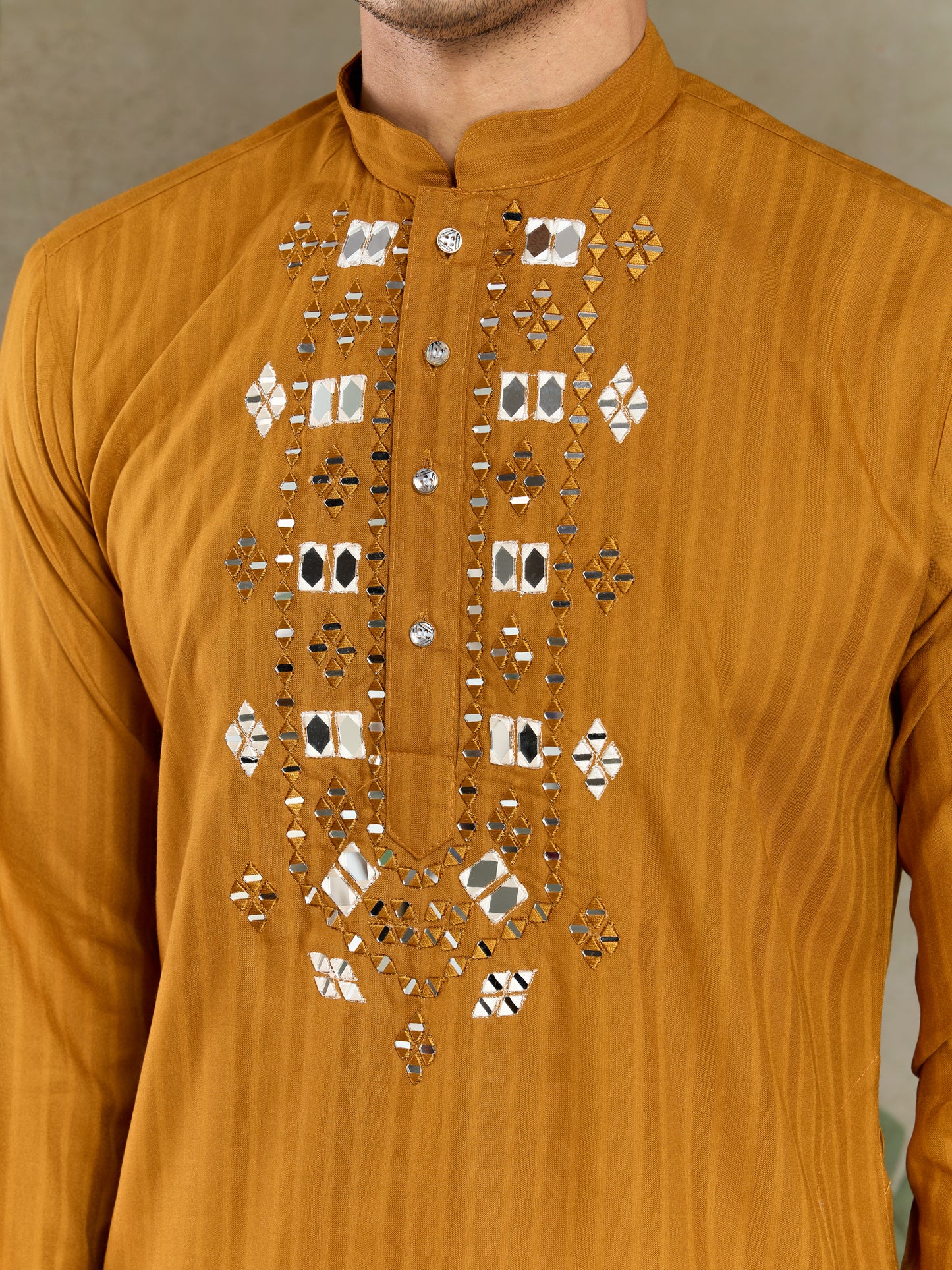 Mustard Viscose Kurta with Mirror Work | Men’s Festive & Ethnic Wear