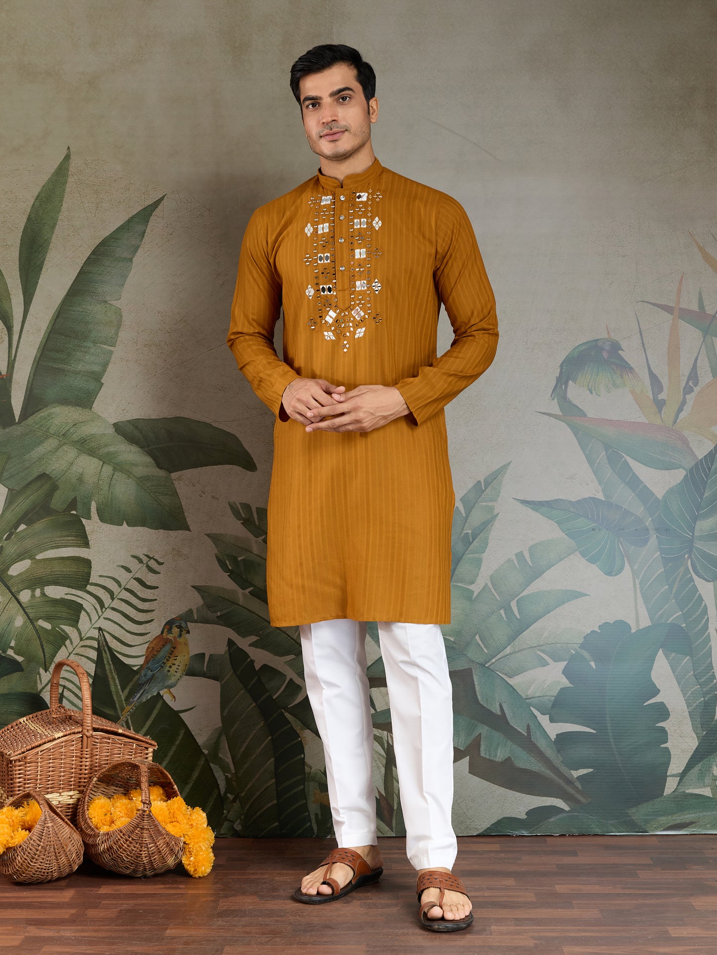 Mustard Viscose Kurta with Mirror Work | Men’s Festive & Ethnic Wear
