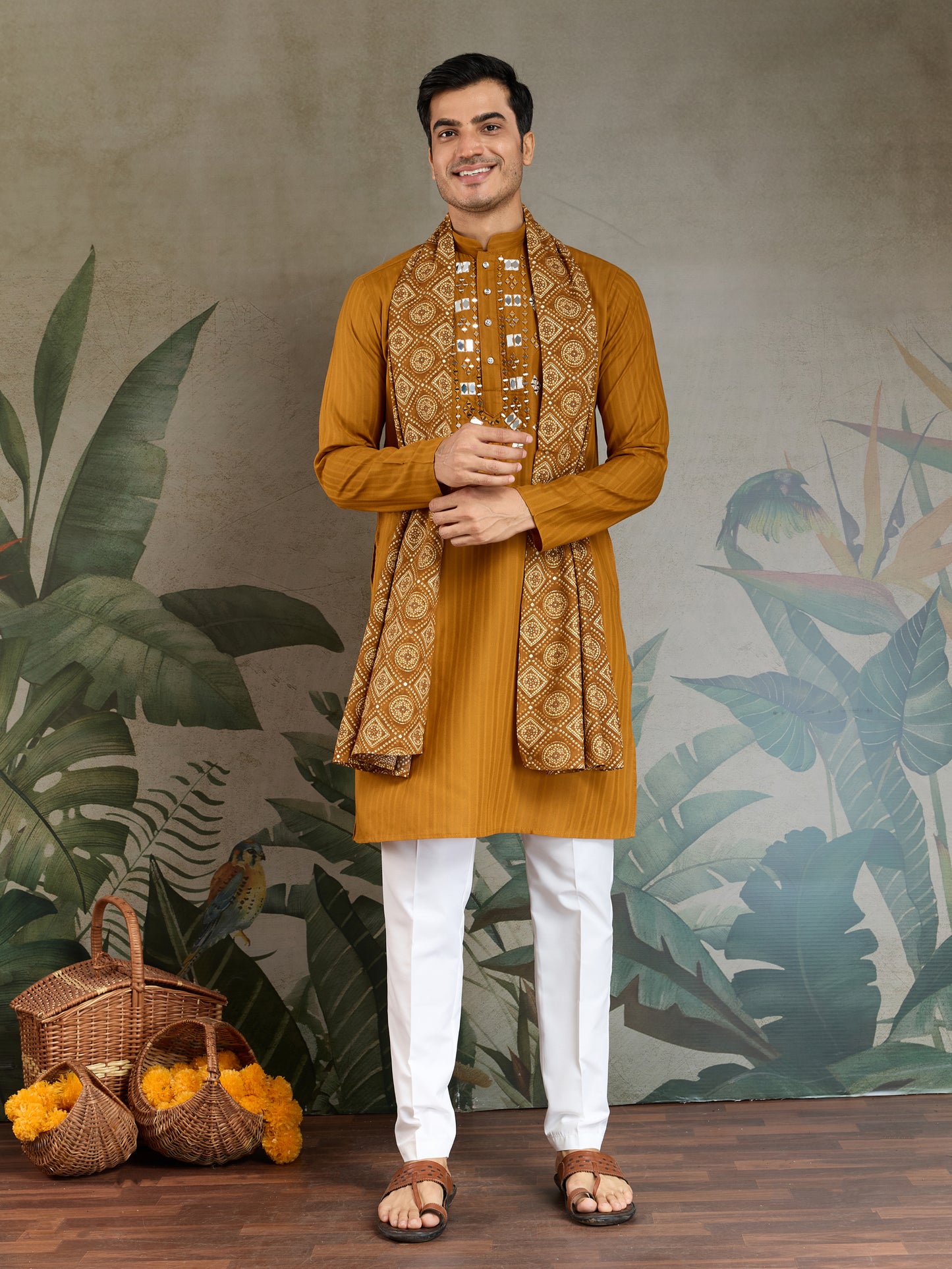 Mustard Viscose Kurta with Mirror Work | Men’s Festive & Ethnic Wear