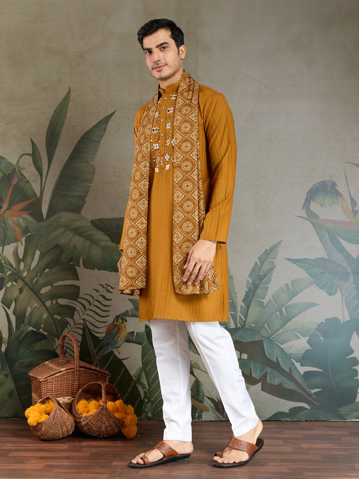 Mustard Viscose Kurta with Mirror Work | Men’s Festive & Ethnic Wear