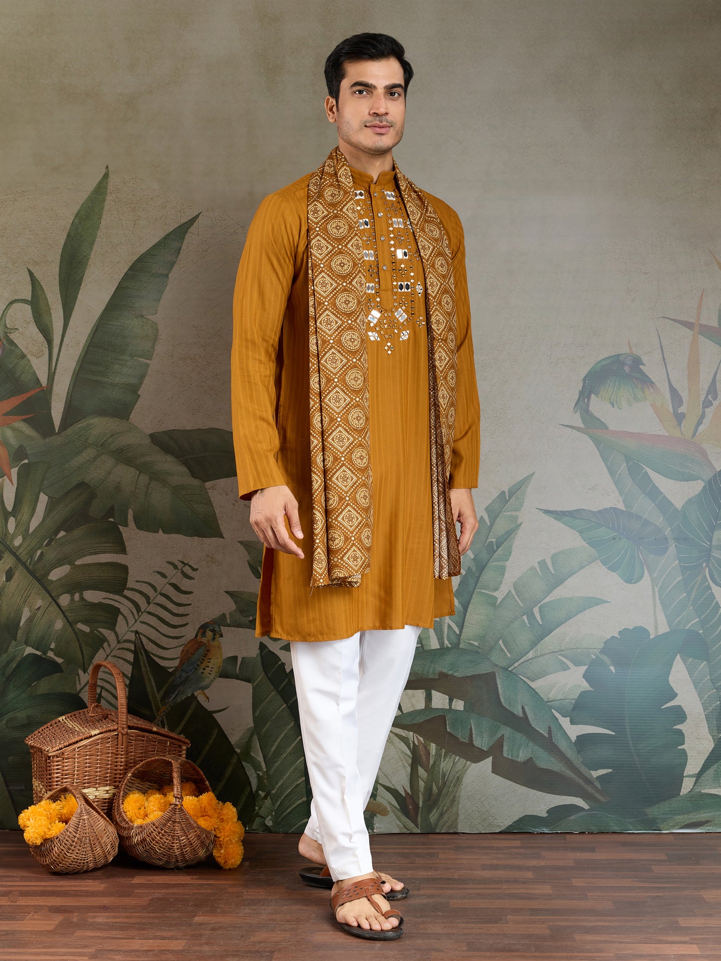 Mustard Viscose Kurta with Mirror Work | Men’s Festive & Ethnic Wear