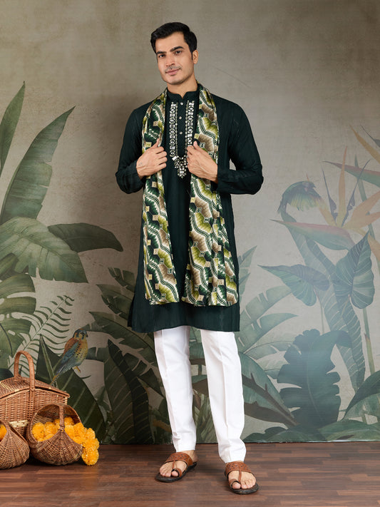 Elegant Green Viscose Kurta with Mirror Work & Printed Dupatta