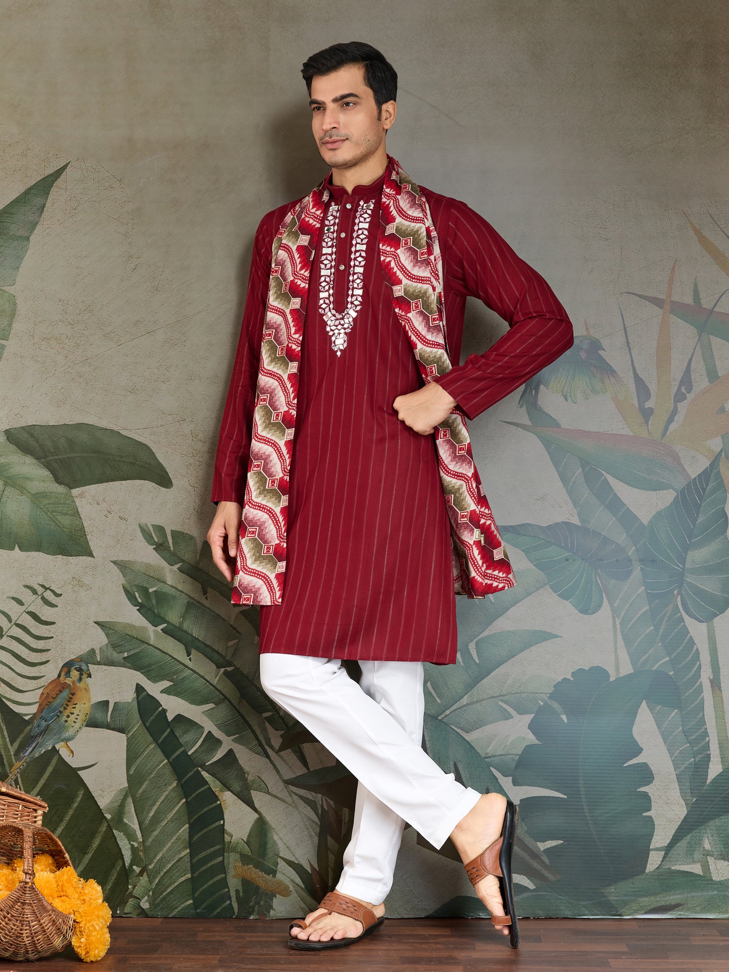 Classic Red Viscose Kurta with Mirror Work & Printed Dupatta