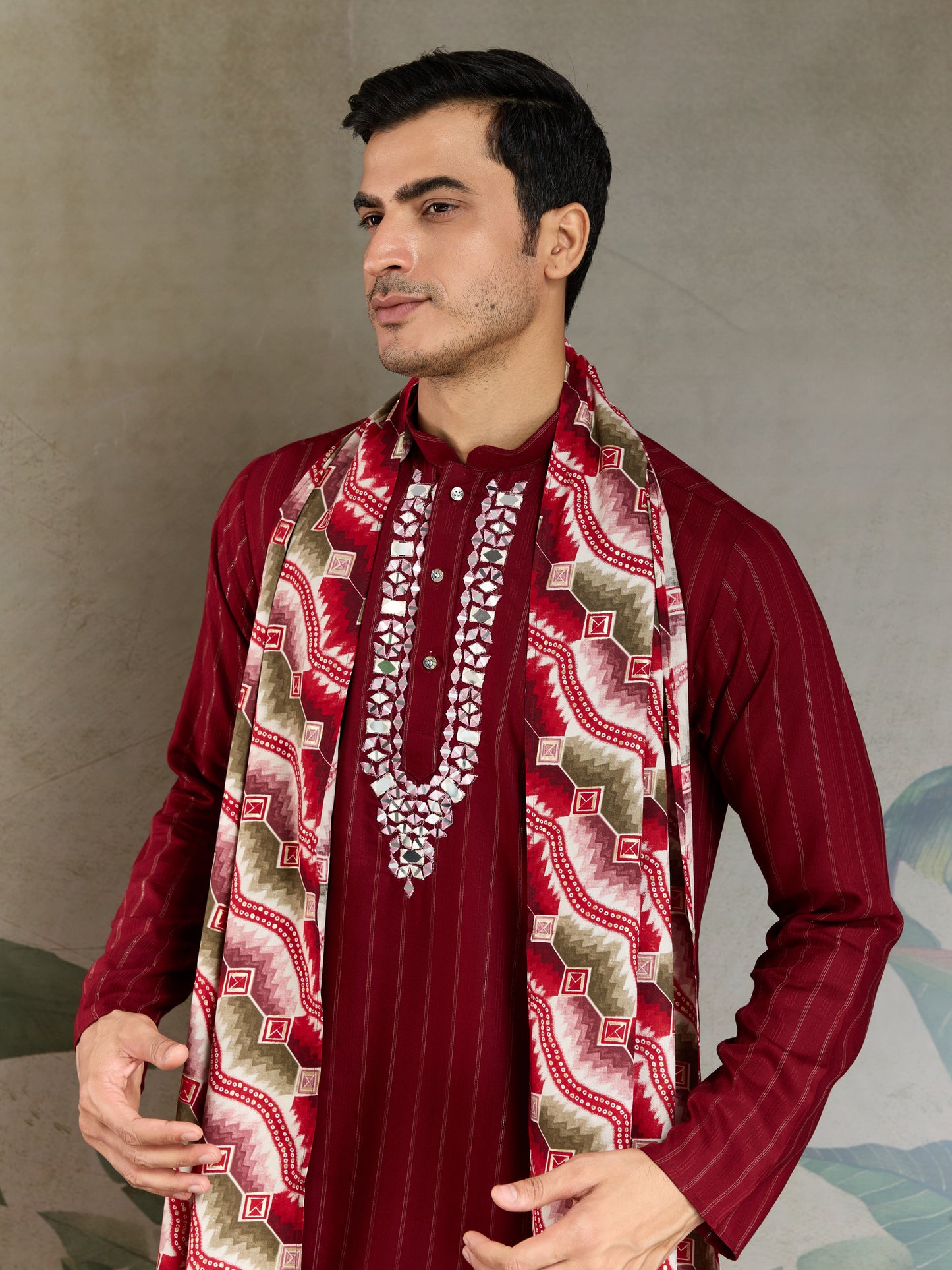 Classic Red Viscose Kurta with Mirror Work & Printed Dupatta