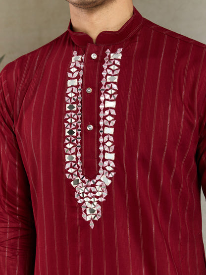 Classic Red Viscose Kurta with Mirror Work & Printed Dupatta
