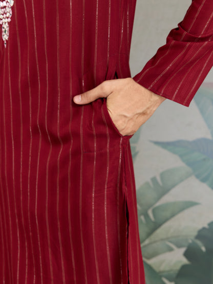 Classic Red Viscose Kurta with Mirror Work & Printed Dupatta