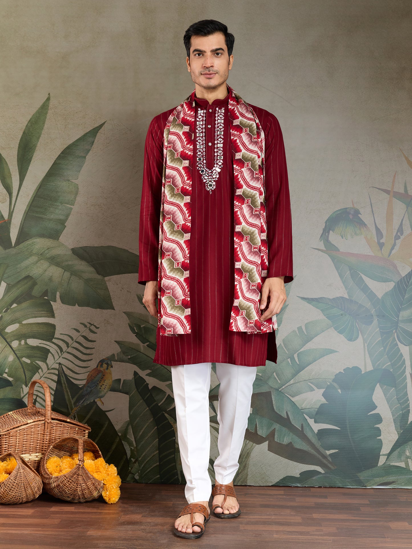 Classic Red Viscose Kurta with Mirror Work & Printed Dupatta